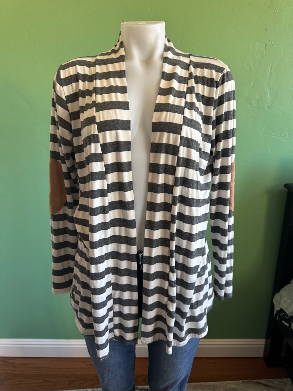 Striped Open-Front Women's Cardigan with Elbow Patches Gray & Cream